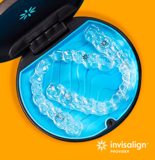 Invisalign clear aligner trays in their case for protecting